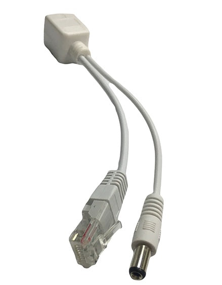 PoE splitter som möjliggör strömmatning via PoE-kabel till enheter som normalt har separat strömförsörjning, eller där kamerans PoE-modul gått sönder. RJ45 nätverksuttag och 5.5*2.1mm strömförsörjning. Vit.
